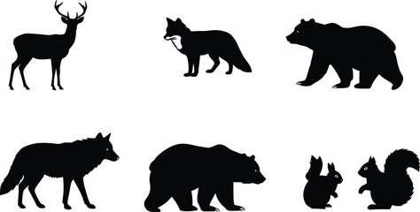 Woodland animal silhouettes, deer, fox, bear, wolf, squirrel, wildlife icons, forest mammals, nature vector, biodiversity illustration, wild animal design
