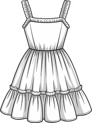 Ruffle strap sundress technical fashion illustration, sleeveless summer dress flat sketch vector template, CAD drawing garment design for apparel production