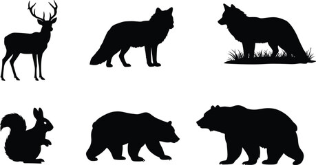 Naklejka premium Woodland animal silhouettes, deer, fox, squirrel, bear, wildlife icons, forest animals, nature vector, biodiversity illustration, mammal silhouettes design