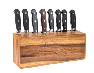 Professional kitchen knife set displayed in a wooden block, featuring black handles with silver accents, showcasing the sharpness and functionality for culinary tasks on a black background with ...