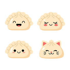 Four cute dumplings with different facial expressions and one with cat ears.