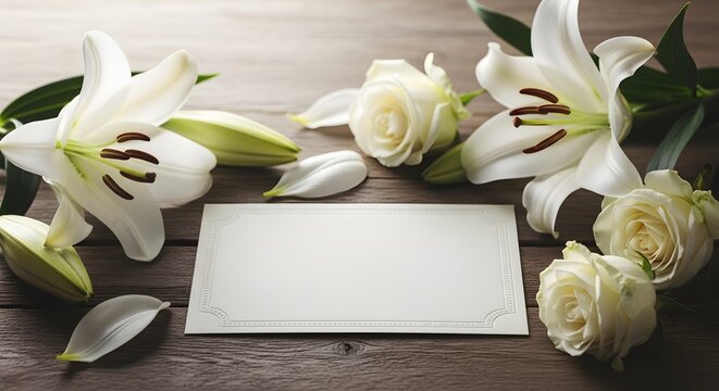 Condolence Card with White Flowers
A soft, serene condolence card placed on a wooden surface, surrounded by white lilies and roses. Gentle muted tones with soft lighting, evoking peace and sympathy.