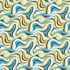 Seamless Retro Wavy Pattern in Blue & Yellow – Groovy Psychedelic Swirl Vector Background for Textiles, Wallpaper & Digital Design
