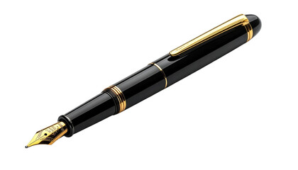 Sleek black and gold fountain pen, showcasing elegant design details and professional appeal, rests diagonally against a solid black backdrop, creating a visually striking image.