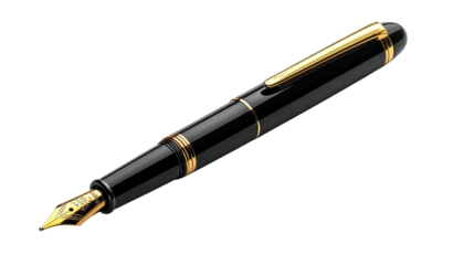 Sleek black and gold fountain pen, showcasing elegant design details and professional appeal, rests diagonally against a solid black backdrop, creating a visually striking image.