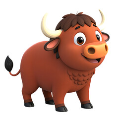 Cheerful and Stylized 3D Render of a Red-Brown Cartoon Bison or Bull Mascot with Horns on a Light Gray Background

