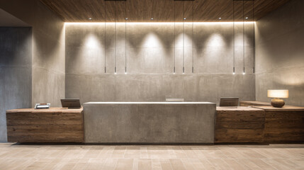 Stylish reception desk in hotel or office, combining large concrete counter with rich natural wood side panels. Features warm backlighting, sleek pendant lamps for contemporary, inviting look