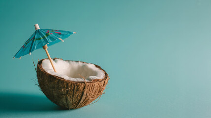 Coconut cocktail with umbrella isolated on blue background for summer and vacation concept 