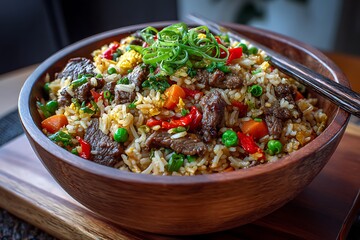 Delicious beef and vegetable fried rice, served in a warm bowl, ready to be enjoyed with fresh, vibrant ingredients.
