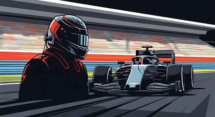 A stylized illustration of a race car driver in a helmet standing near a Formula 1 race car on a track, with stadium seating in the background.