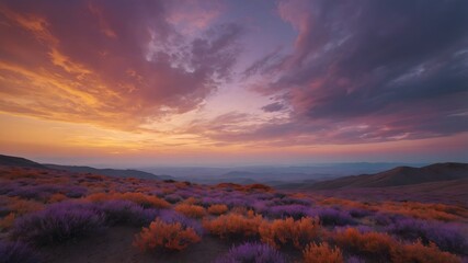 Colorful Sunset Over Purple and Orange Hills