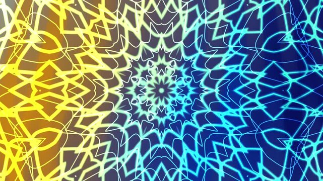 Abstracts Twirls Kaleidoscope A, Mesmerizing abstract glowing neon mandala animation with vibrant colors and seamless looping,  Stock royalty free video.