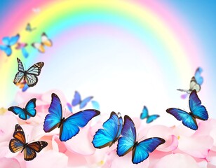 Delicate butterflies flitting amidst soft pink petals, a pastel rainbow arches overhead
