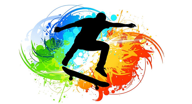 A black silhouette of a skateboarder jumping against a vibrant, colorful paint splash background.