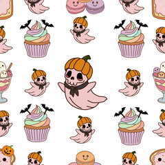 Cute Pastel Halloween Sweets Seamless Pattern