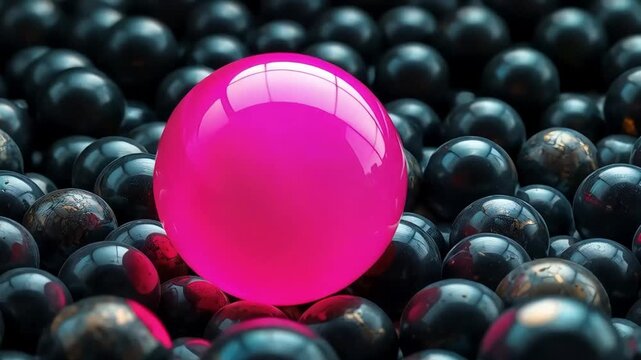 Giant Bright Pink Sphere Rolling Slowly Over a Surface of Smaller Black Metal Balls, Slow Motion