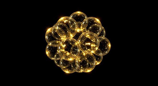 Abstract cluster of transparent glass spheres with warm golden lights inside, 3d rendering of decorative bubbles