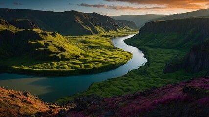 Sunset Over Vibrant Green Hills and River