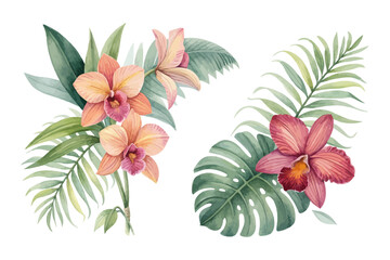 Watercolor Tropical Orchid with Palm Leaves isolated on white background