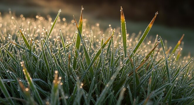Close up view of dewy blades of grass illuminated by soft sunlight - Powered by Adobe