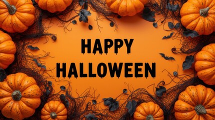 Halloween background with pumpkins, bats and festive decoration