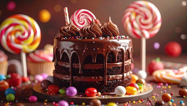Decadent Chocolate Cake Covered in Ganache and Decorated with Colorful Candies and Lollipops