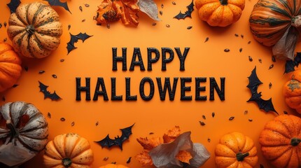 Halloween background with pumpkins, bats and festive decoration