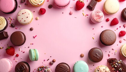 A vibrant, overhead shot of colorful macarons and treats arranged on a pink surface, creating a festive, circular border.
