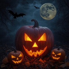 Halloween night with glowing pumpkins, bats and full moon
