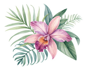 Watercolor Tropical Orchid with Palm Leaves isolated on white background