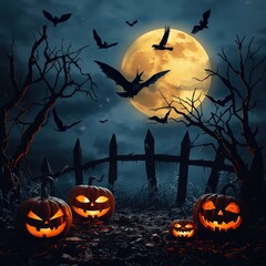 Halloween night with glowing pumpkins, bats and full moon