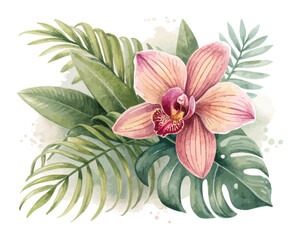 Watercolor Tropical Orchid with Palm Leaves 