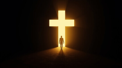 Silhouetted person walking in a dark void illuminated by a glowing cross emitting warm orange light, evoking a sense of solitude and reflection