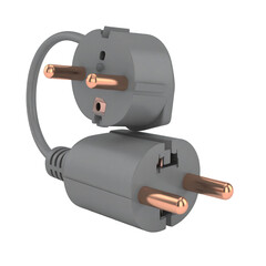 Two European power plugs with copper contacts are isolated against a black background, showing the male connector design and electrical prongs for high voltage devices, highlighting the concept of...