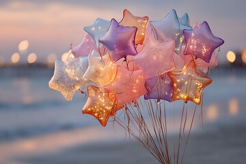Sparkling glitter star balloons glowing in twilight sky high resolution picture