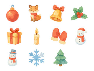 This image features a festive set of Christmas-themed icons including ornaments, a fox, a bell, holly leaves, a gift, candle, mittens, snowmen, a snowflake, and a Christmas tree in a cute cartoon styl