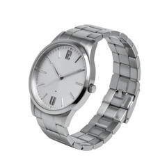 Elegant wristwatch featuring a silver metal band and a white watch face, presented against a stark black background.