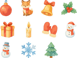 This image features a festive set of Christmas-themed icons including ornaments, a fox, a bell, holly leaves, a gift, candle, mittens, snowmen, a snowflake, and a Christmas tree in a cute cartoon styl