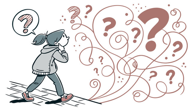 Confused stick figure overwhelmed by numerous large question marks symbolizing confusion and uncertainty - Powered by Adobe