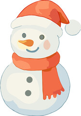 A cheerful snowman illustration wearing a red Santa hat and scarf, with a carrot nose and button details, symbolizing festive winter joy.