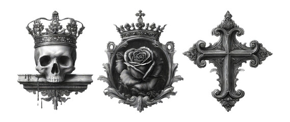 Intricate Black and White Designs of Crown, Skull, Rose, and Cross Artwork