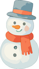 A festive snowman illustration wearing a blue top hat with an orange band and a matching orange scarf, featuring a carrot nose and button details.