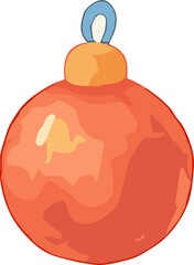 A shiny red Christmas ornament ball with a golden top and blue loop, designed in a festive decorative style.