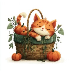 Cute orange cat sleeping in a woven basket surrounded by pumpkins and greenery