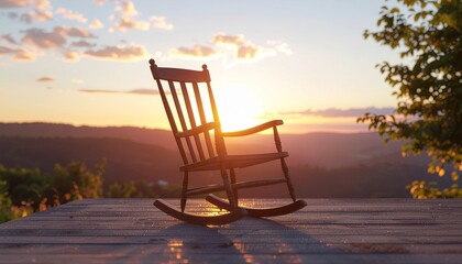 Peaceful Rocking Chair at Sunset Overlooking Hills