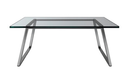 Modern glass coffee table featuring a rectangular clear glass top supported by polished metal legs against a solid black background, showcasing contemporary furniture design and style.