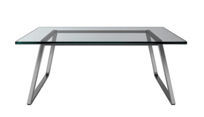 Modern glass coffee table featuring a rectangular clear glass top supported by polished metal legs against a solid black background, showcasing contemporary furniture design and style.
