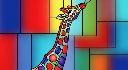Vibrant pop art illustration of a giraffe with a colorful geometric stained glass background