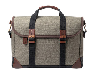 Detailed  shot showcases a rectangular messenger bag featuring a tan fabric body with brown leather accents, including the handle and base corners.