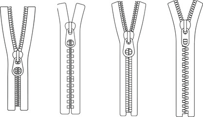 Set of zipper illustrations with different pull tabs, teeth variations, and slider designs for clothing, bags, sewing, textile, fashion use